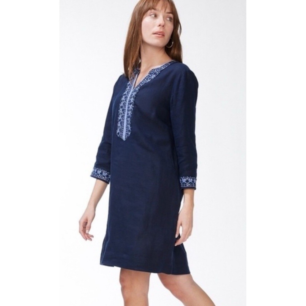 Chicos Short Dress Embellish‎ Beaded Linen Classic Navy Size 0 US 4